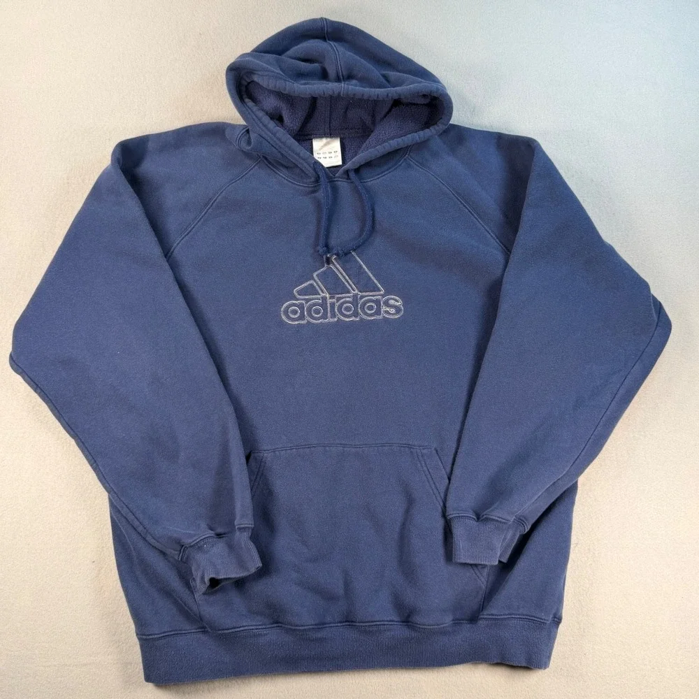 Adidas Mens Vintage Embroidered Logo Hoodie Navy Blue Fleece Pullover Large
